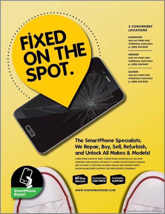 A phone repair centre advertising service poster in yellow colour background.