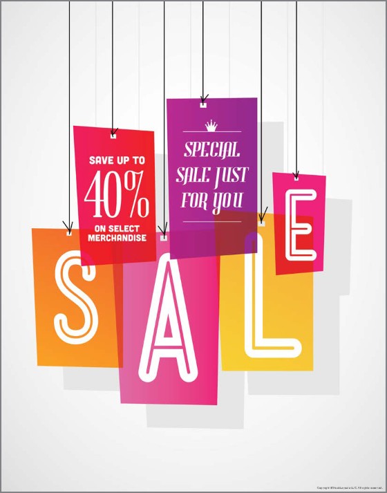 SALE Display poster containing box displayed in red, purple and yellow colour.